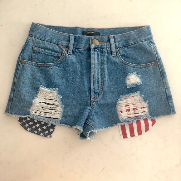 High-Rise American Flag Jean Shorts - Picture 1 of 4